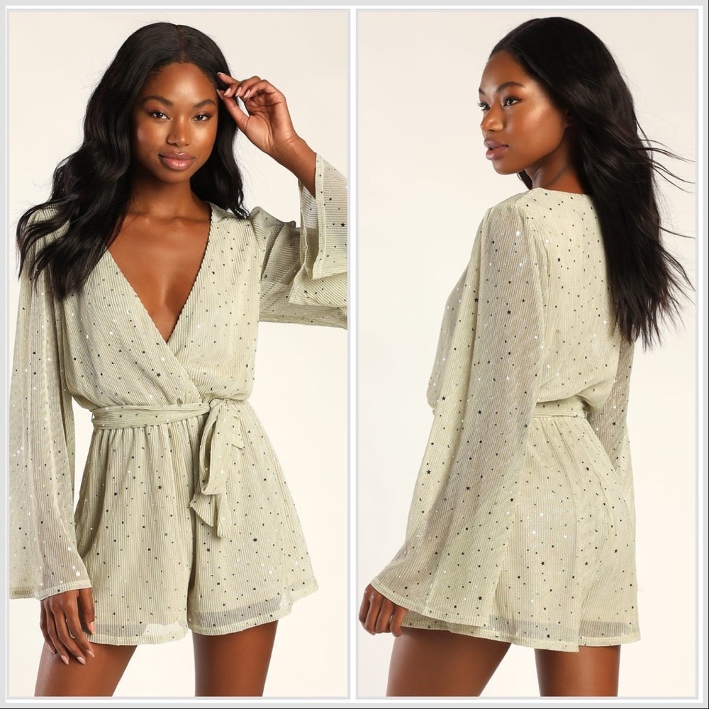 Lulus Starry Spectacle Pistachio Champagne Metallic Surplice Long Sleeve Romper
